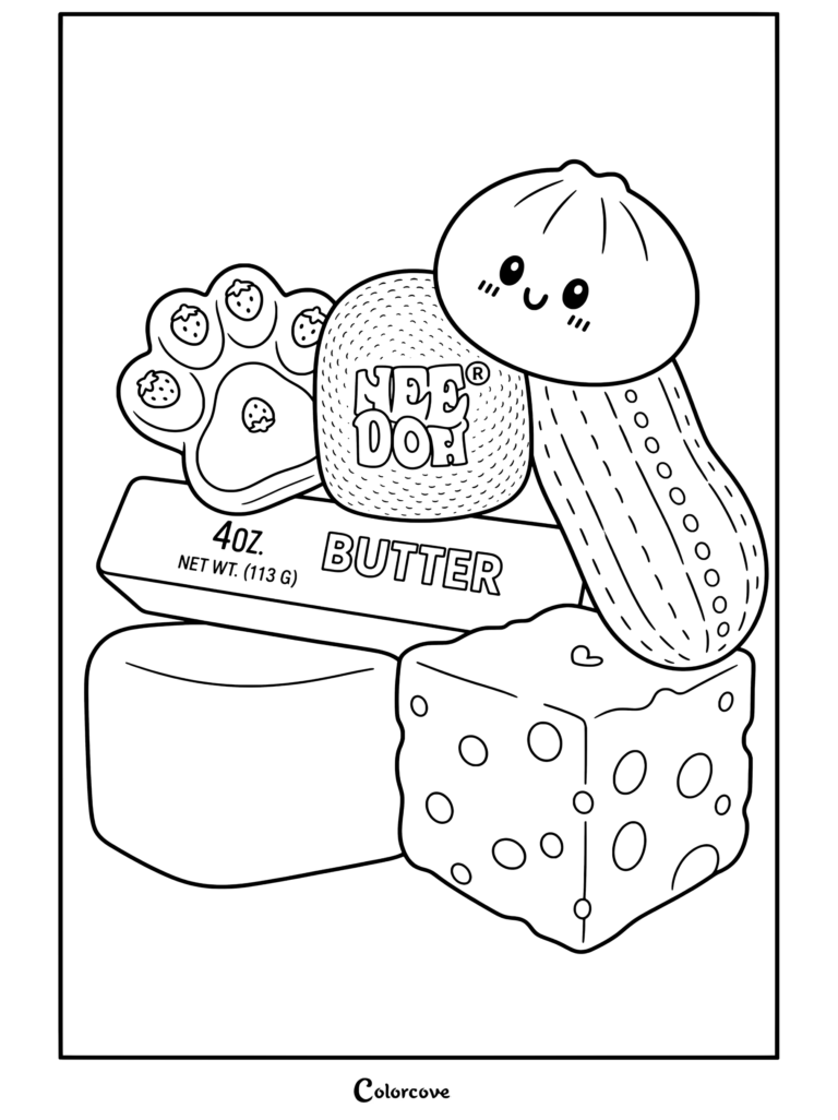 Coloriage de collage de jouets Squishy à imprimer avec du beurre, du fromage, une cacahuète, un nee doh et une empreinte de patte
