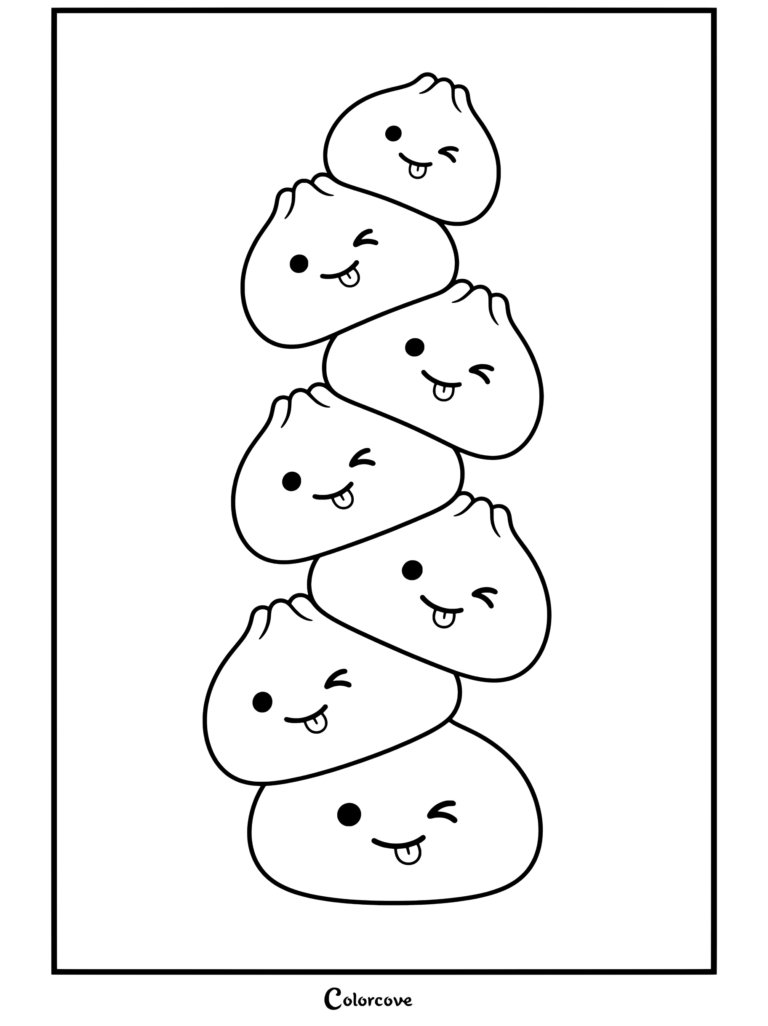 Page de coloriage représentant une pile de personnages squishy dumpling colorés et translucides avec des expressions faciales ludiques.