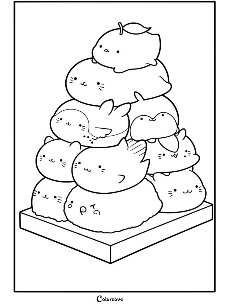 Coloriage de la pile de mochi Squishy kawaii Sumikko Gurashi représentant d'adorables personnages empilés.