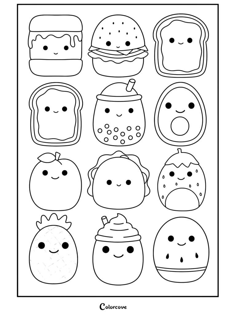 Coloriage à imprimer représentant douze mignons personnages de nourriture Squishmallow, incluant glace, burger, toast, avocat, toast au matcha, boba, taco, fraise, pêche, ananas et frappé.