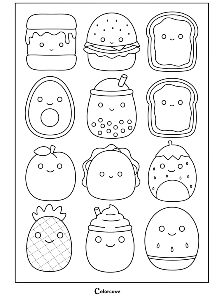 Coloriage représentant une jolie collection de squishies de nourriture kawaii avec sandwich, burger, toast, avocat, boba, taco, fraise, pêche, ananas, smoothie et pastèque.
