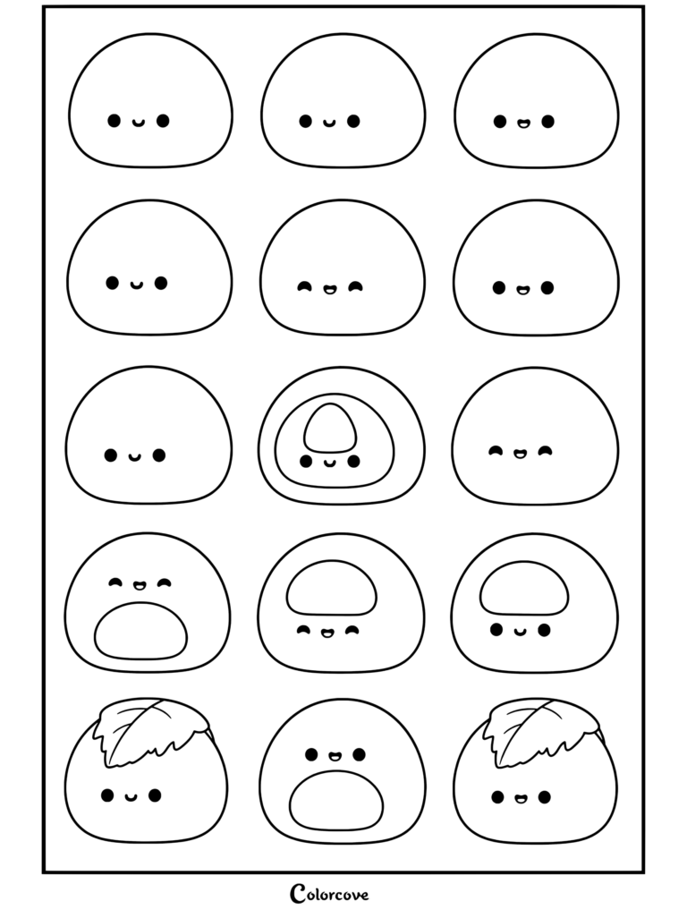 De mignons personnages mochi kawaii avec des visages souriants et différentes garnitures disposés dans une grille, présentant d'adorables designs de nourriture pour ce coloriage Squishy.