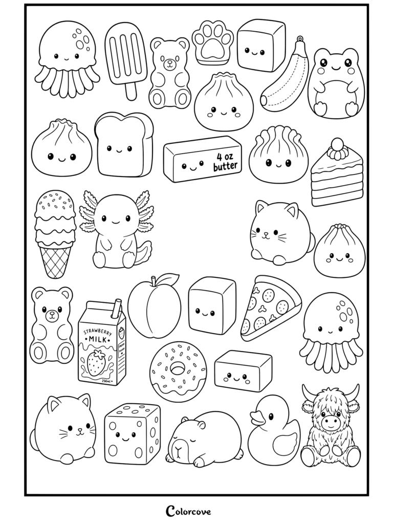 Coloriage d'une collection de squishies kawaii mignons d'animaux en gélatine, de nourriture et de douceurs aux visages souriants