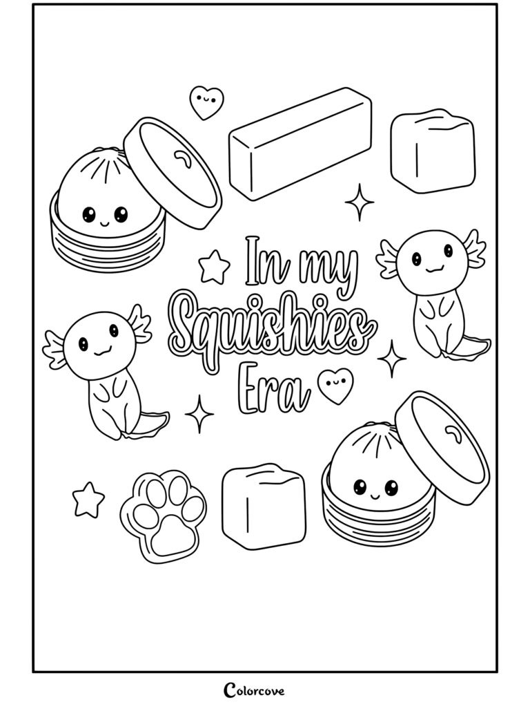 Coloriage au design d'autocollant de la collection squishies era kawaii mignon représentant des axolotls, des dumplings, du beurre et un nee doh.