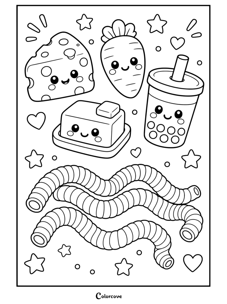 Coloriage de mignons squishies kawaii représentant un morceau de fromage, une carotte souriante, une motte de beurre, du thé boba et des tubes colorés.