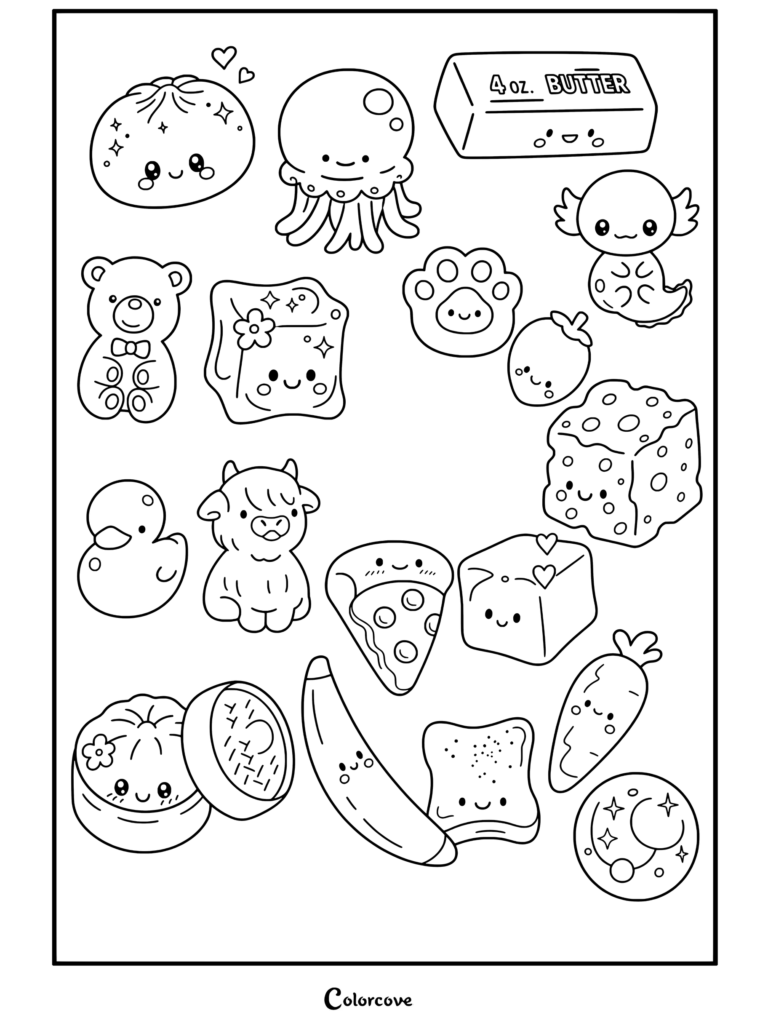 Coloriage à imprimer représentant une jolie collection de personnages Squishy kawaii incluant dumpling, meduse, beurre, axolotl, ours, canard en gélatine, pizza, carotte et banane.