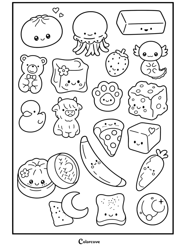 Coloriage d'un ensemble d'illustrations de collection Squishy kawaii mignon représentant du mochi, une meduse, du beurre, un axolotl, un ours, un canard, une pizza, une banane, un glaçon et une carotte.