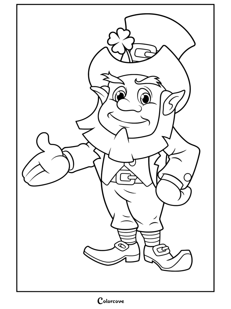 Coloriage gratuit de la Saint-Patrick représentant un lutin de dessin animé dans un chapeau et un costume verts, accueillant les gens avec une main tendue.