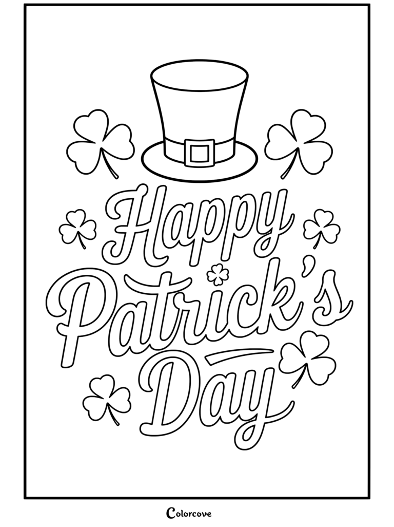 Coloriage Joyeuse Saint-Patrick avec une typographie, un haut-de-forme vert et des trèfles.