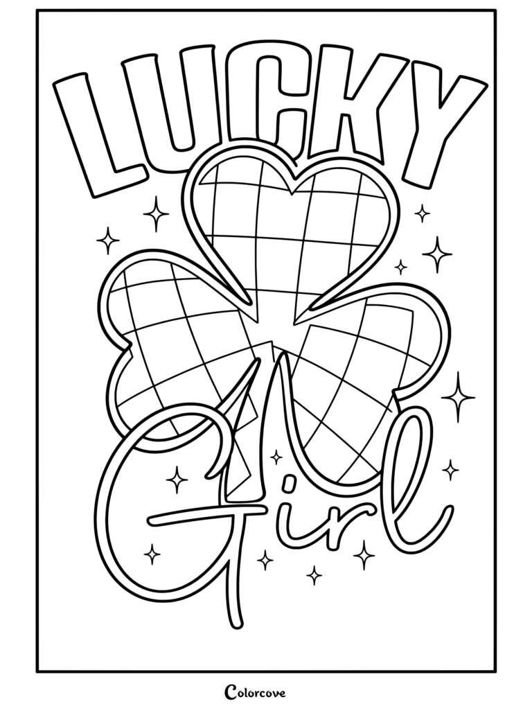 Coloriage porte-bonheur sur le thème de la Saint-Patrick avec un trèfle à motif vichy vert et des étincelles