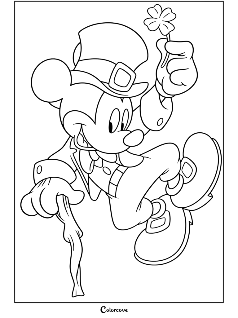 Coloriage de Mickey Mouse habillé en lutin tenant un trèfle et une canne pour la Saint-Patrick