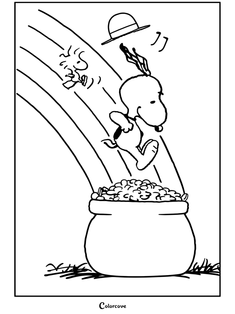 Coloriage de Snoopy et Woodstock glissant sur un arc-en-ciel vers un chaudron d'or pour la Saint-Patrick