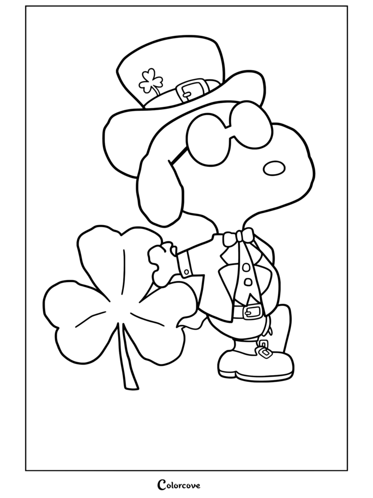 Coloriage de Snoopy habillé en lutin avec un haut-de-forme, un trèfle et un costume, adossé à un trèfle à quatre feuilles pour la Saint-Patrick