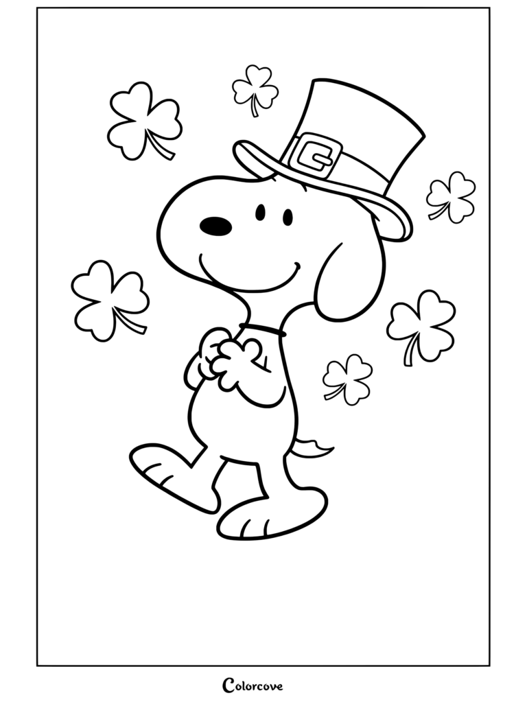 Coloriage de Snoopy portant un haut-de-forme de lutin avec des trèfles pour la Saint-Patrick