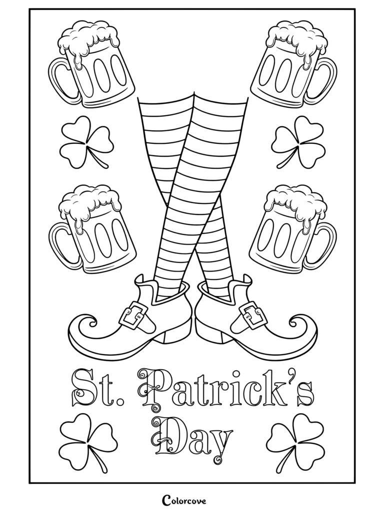 Coloriage gratuit de la Saint-Patrick représentant une carte de vœux avec des chopes de bière vertes, des trèfles et des jambes de lutin en bas rayés à boucles.