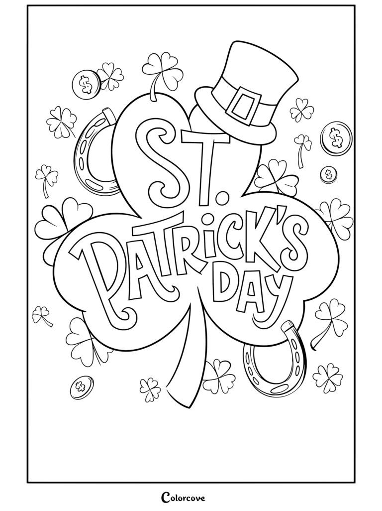 Coloriage de la Saint-Patrick représentant un vœu avec un chapeau de lutin, des trèfles à quatre feuilles, des fers à cheval et des pièces d'or