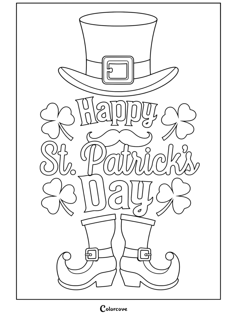 Coloriage de vœux gratuit de la Saint-Patrick représentant un chapeau de lutin, des trèfles, une moustache et des bottes.