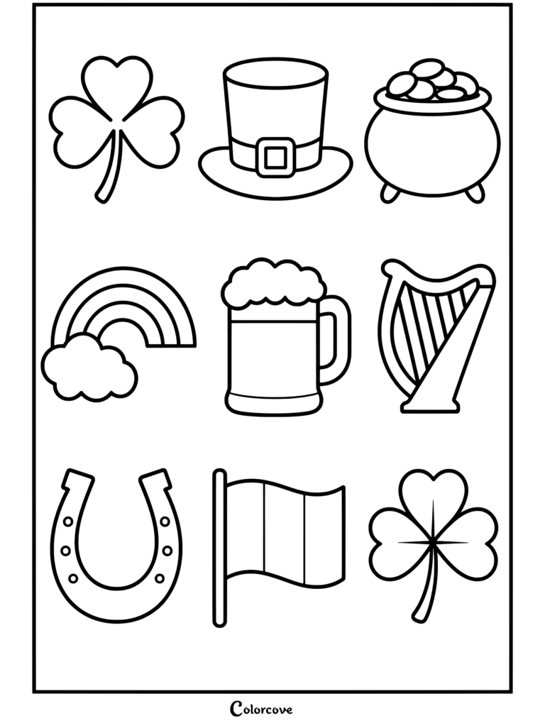 Coloriage de la Saint-Patrick avec un ensemble d'icônes comprenant un trèfle, un chapeau de lutin, un chaudron d'or, un arc-en-ciel, une chope de bière, une harpe, un fer à cheval et le drapeau irlandais.