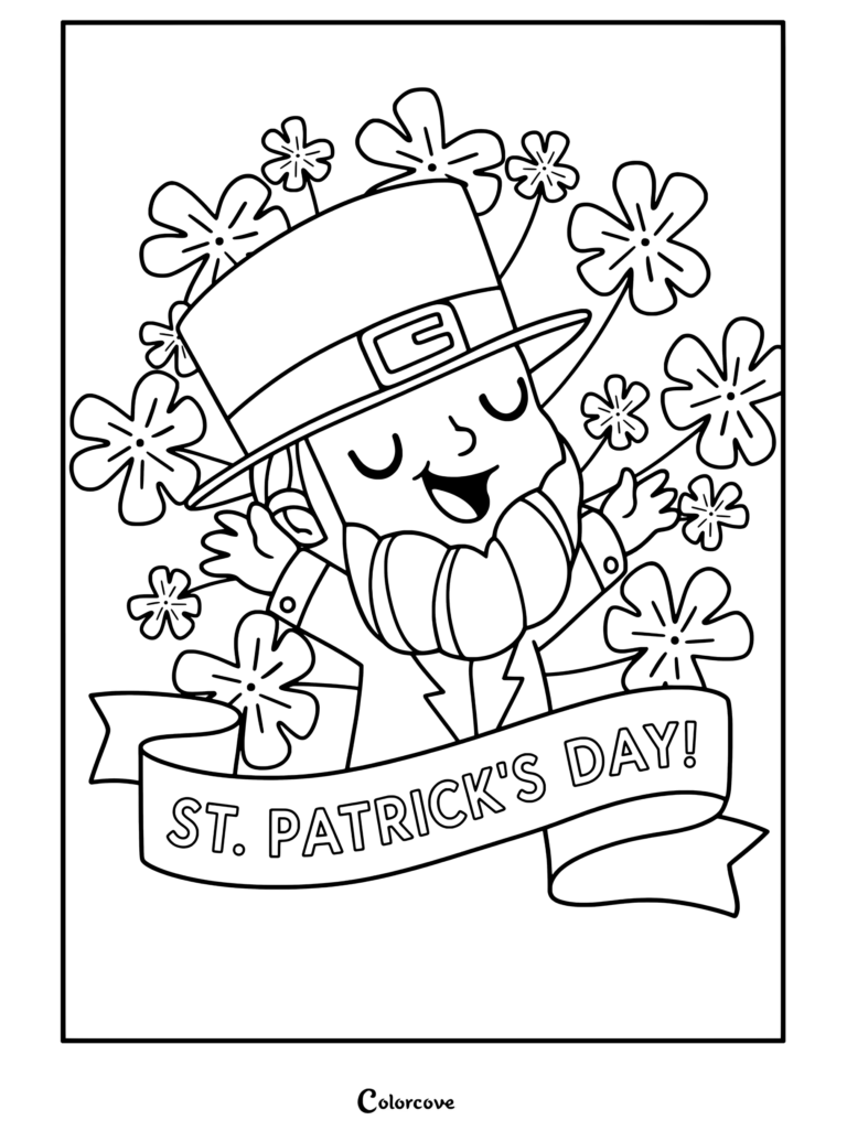 Coloriage de la Saint-Patrick représentant un mignon lutin de dessin animé avec une barbe orange et un haut-de-forme vert, entouré de trèfles en train de célébrer.