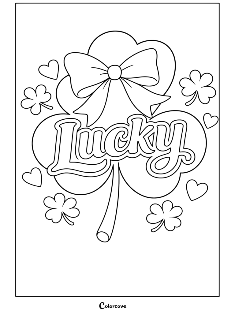 Coloriage de la Saint-Patrick avec un trèfle à quatre feuilles à motif vichy, un nœud rose et le mot 'lucky'