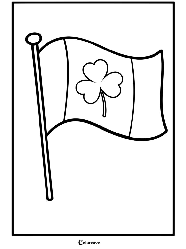Coloriage d'un drapeau irlandais flottant avec des rayures vertes, blanches et orange et un trèfle au centre pour la Saint-Patrick.