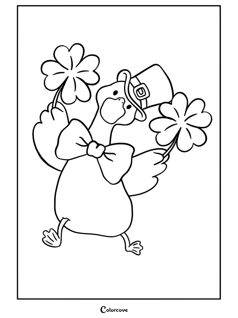 Coloriage d'une mignonne oie blanche portant un chapeau de lutin et un nœud papillon vert tenant des trèfles à quatre feuilles pour la Saint-Patrick