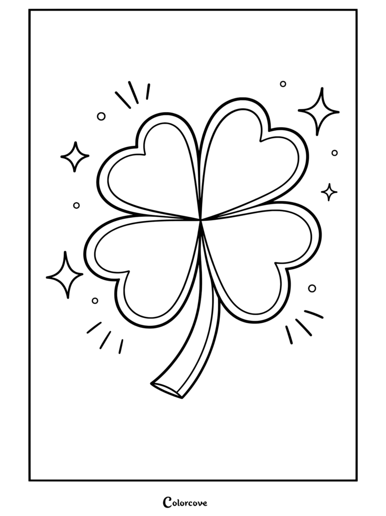Coloriage de trèfle à quatre feuilles avec des étincelles et un contour rose pour la Saint-Patrick