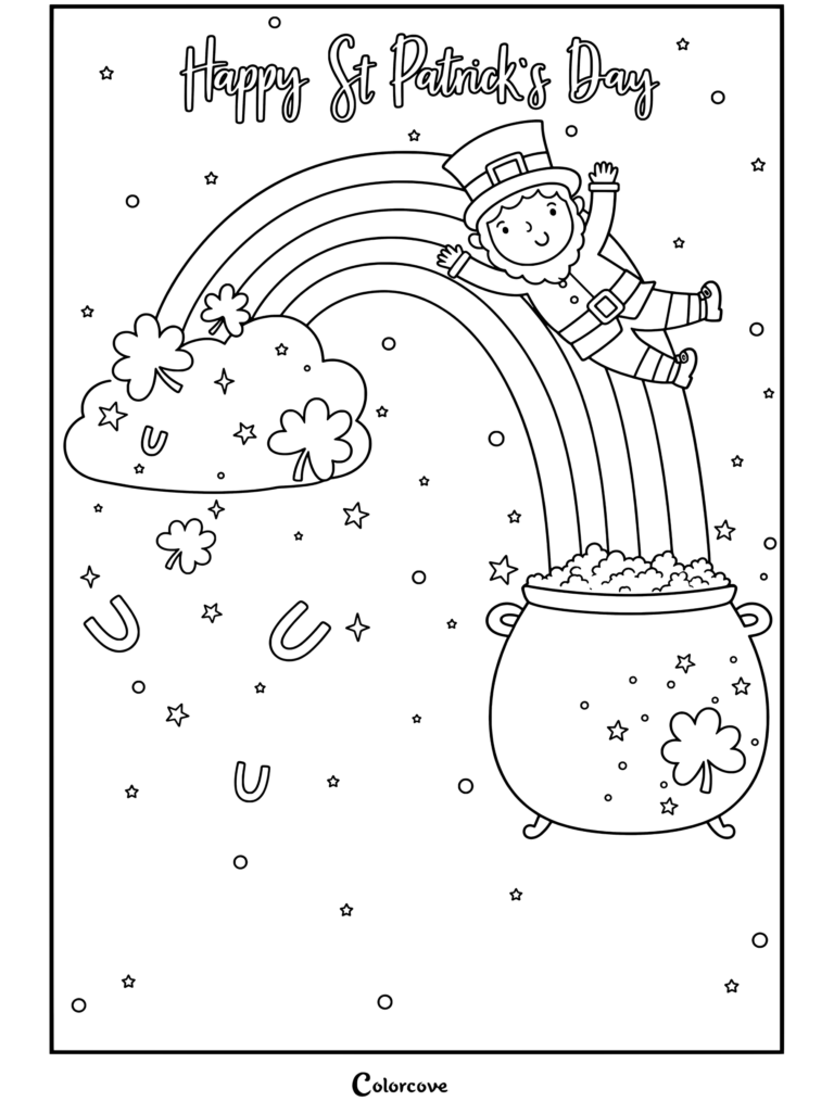 Coloriage gratuit de la Saint-Patrick représentant un lutin glissant le long d'un arc-en-ciel vers un chaudron d'or avec un nuage et des fers à cheval
