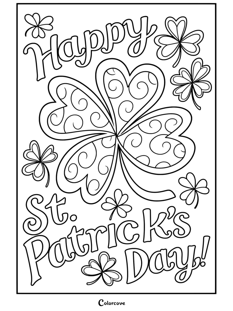 Coloriage à imprimer de la Saint-Patrick avec un grand trèfle à motifs entouré de trèfles plus petits et du texte Joyeuse Saint-Patrick !