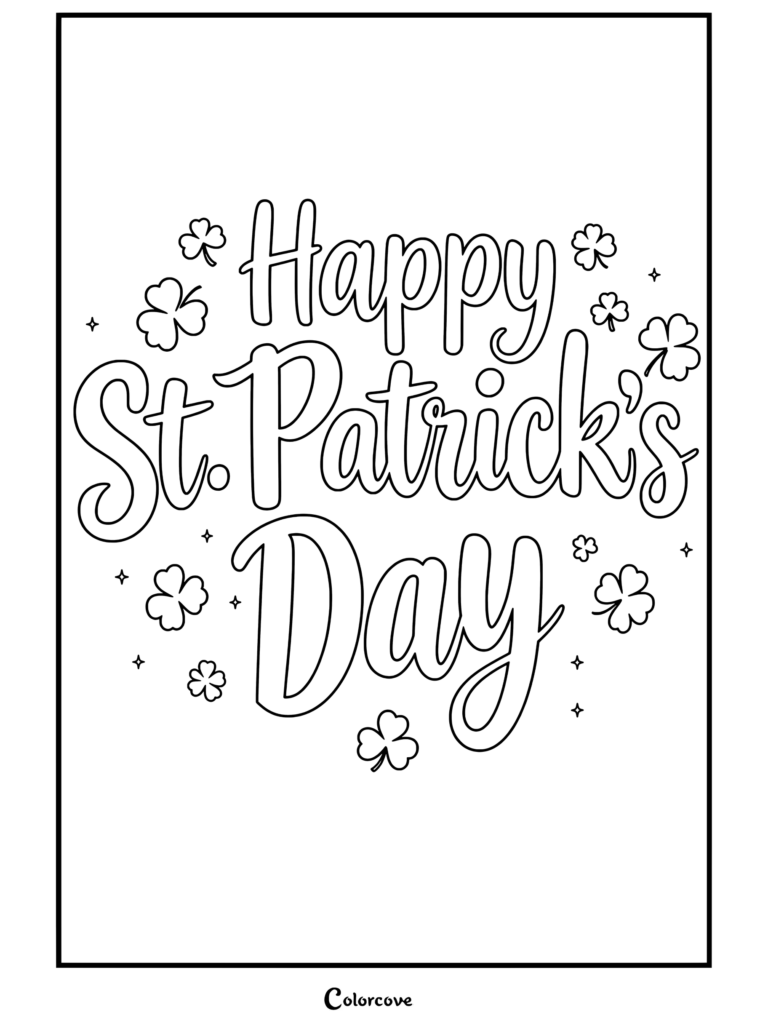 Coloriage Joyeuse Saint-Patrick avec une typographie verte, des trèfles et des étincelles.