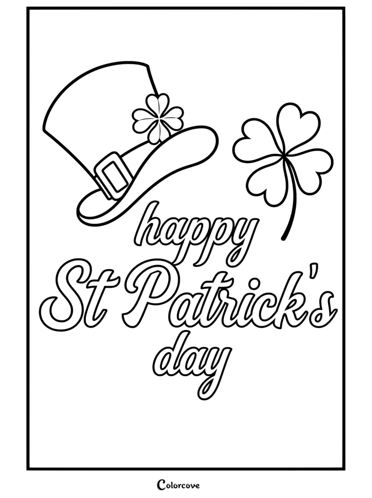 Coloriage joyeux de la Saint-Patrick représentant un haut-de-forme de lutin avec un trèfle et un trèfle à quatre feuilles.