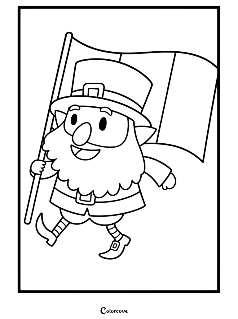 Coloriage gratuit de la Saint-Patrick représentant un lutin heureux tenant un drapeau tricolore irlandais et marchant gaiement.