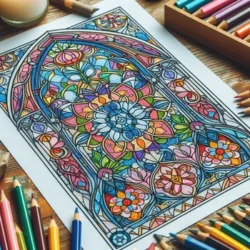 Stained glass coloring page filled with vibrant colors, surrounded by colored pencils, on a wooden table.