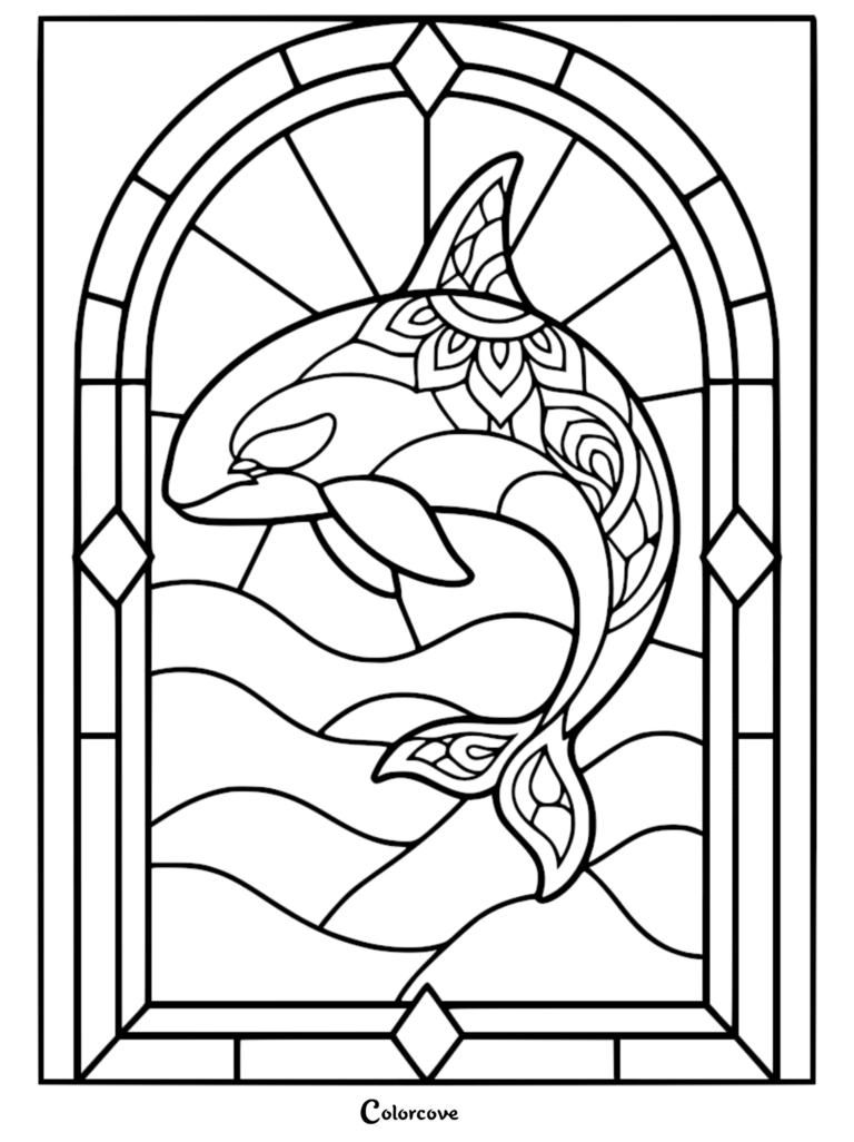 A detailed stained glass coloring page featuring an orca whale with intricate mandala patterns leaping through ocean waves.
