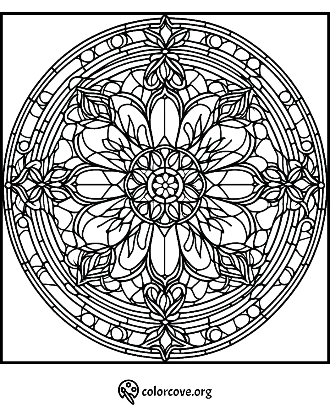 Intricate mandala coloring page with floral patterns and geometric shapes for stress relief and mindfulness activities.