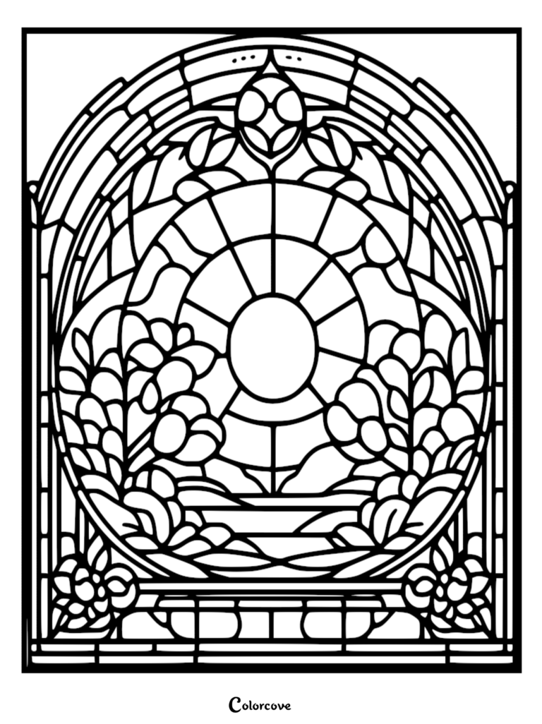 A detailed stained glass coloring page featuring a bright sun rising over a lush garden with blooming flowers and arched window panes.