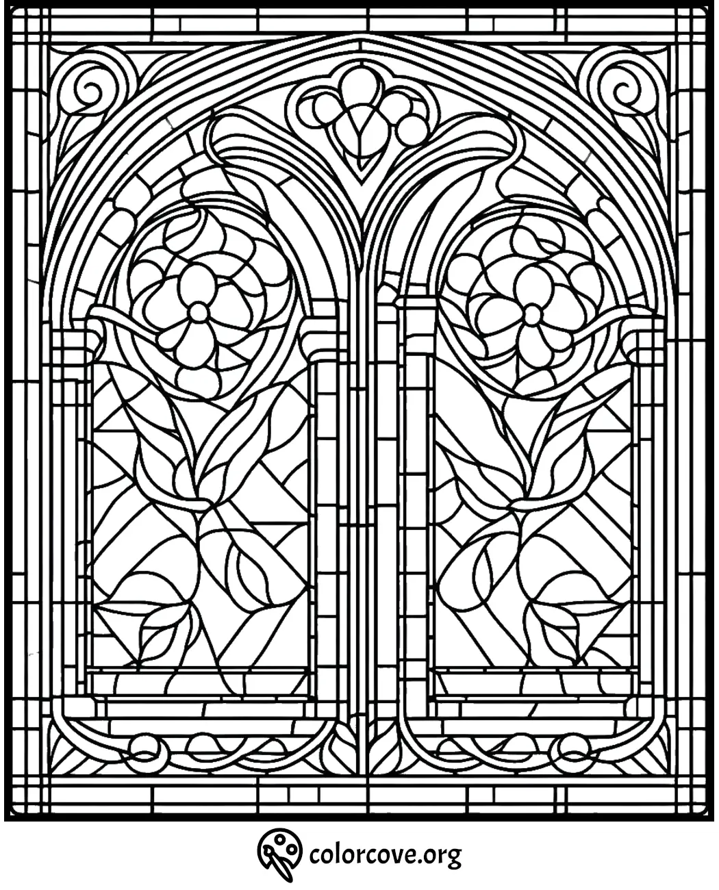 Intricate stained glass design coloring page featuring floral patterns and ornate details, ideal for adult coloring enthusiasts.