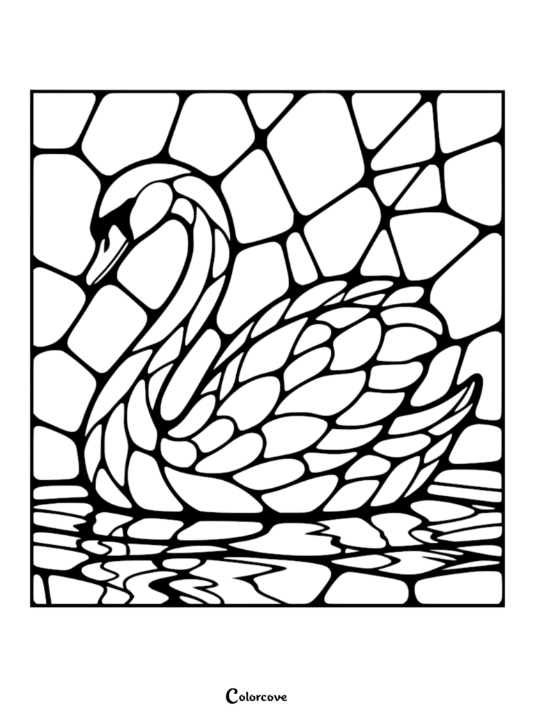 A stained glass style coloring page featuring an elegant swan swimming on water with geometric glass pane patterns.