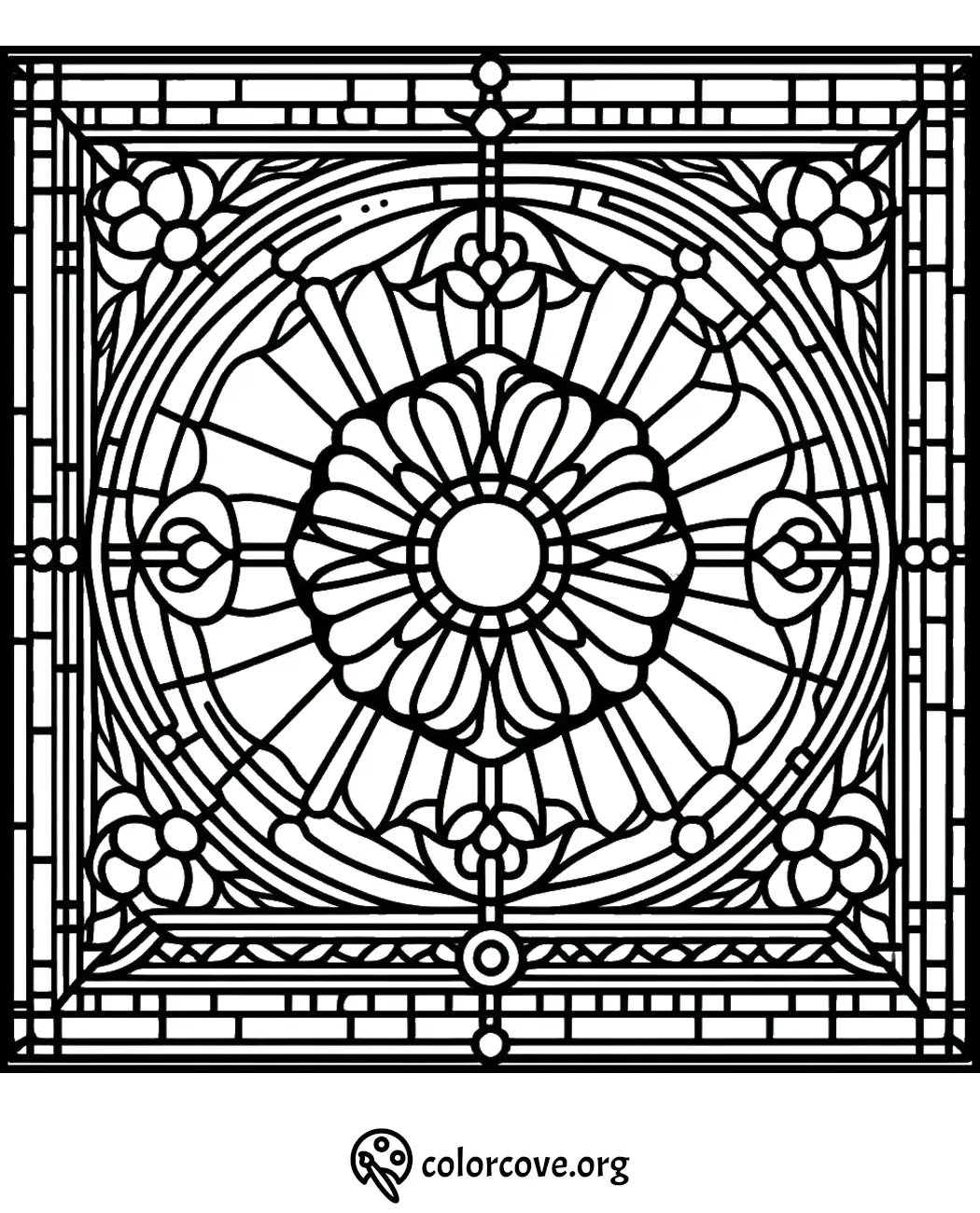 Intricate stained glass-inspired coloring page with floral and geometric designs from colorcove.org. Perfect for a relaxing activity.