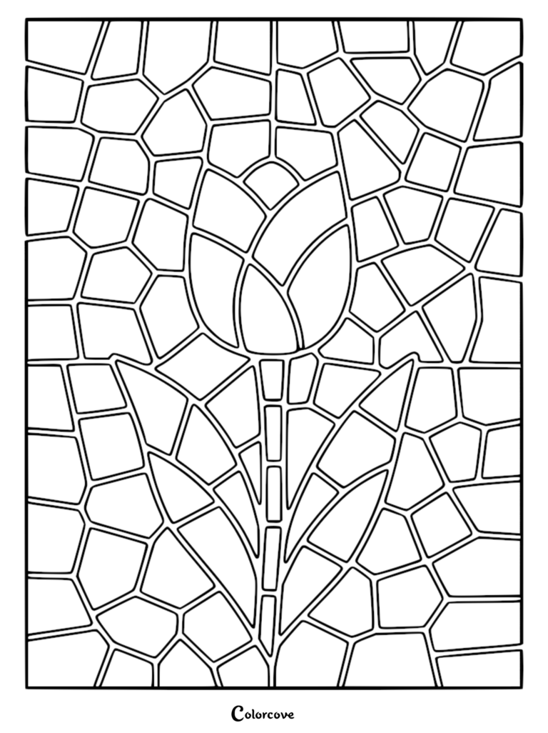 A stained glass style coloring page featuring a central tulip flower surrounded by irregular geometric mosaic shapes.