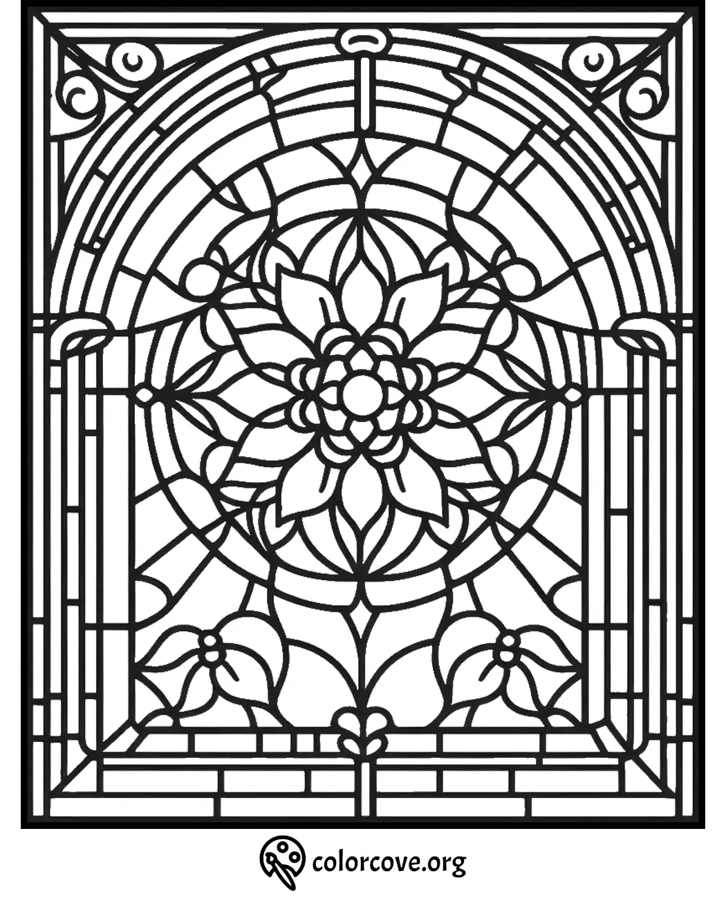 Ornate stained glass window coloring page featuring intricate floral patterns and geometric designs from colorcove.org.