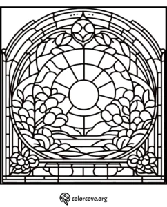 Stained glass-inspired floral coloring page with intricate patterns and a circular design in the center.