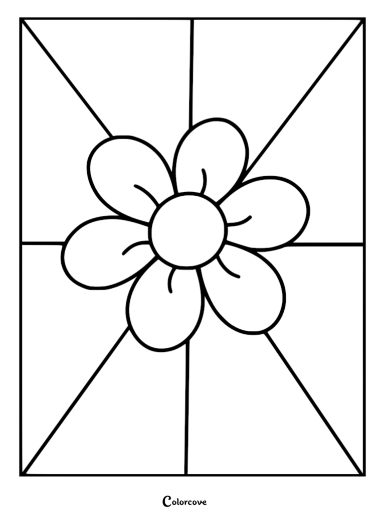 A simple stained glass flower coloring page featuring a six-petal blossom centered in a geometric grid.
