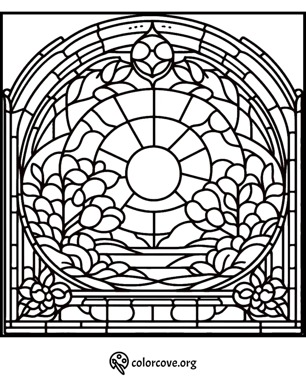 Stained glass-inspired floral coloring page with intricate patterns and a circular design in the center.