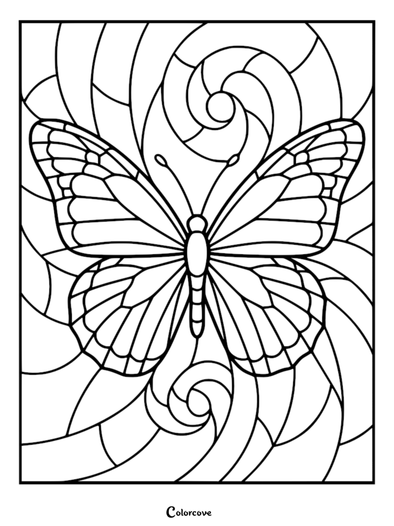 A detailed stained glass butterfly coloring page featuring intricate wing patterns against a swirling geometric background.