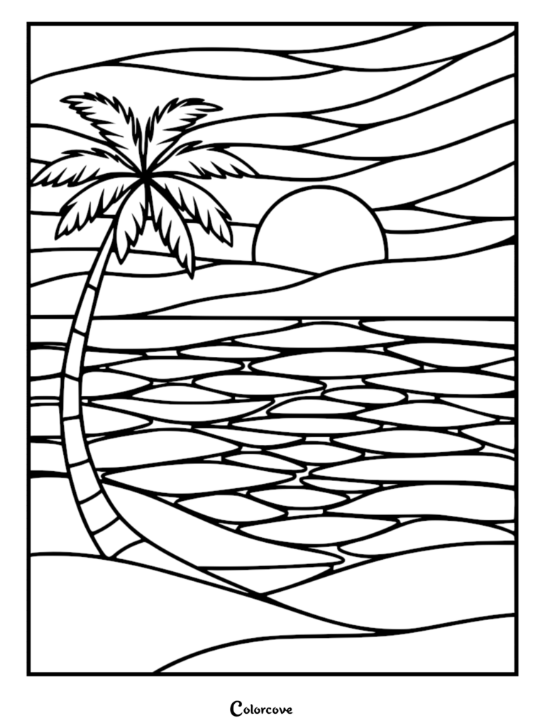 A stained glass style coloring page featuring a palm tree on a beach with a sunset over the ocean.