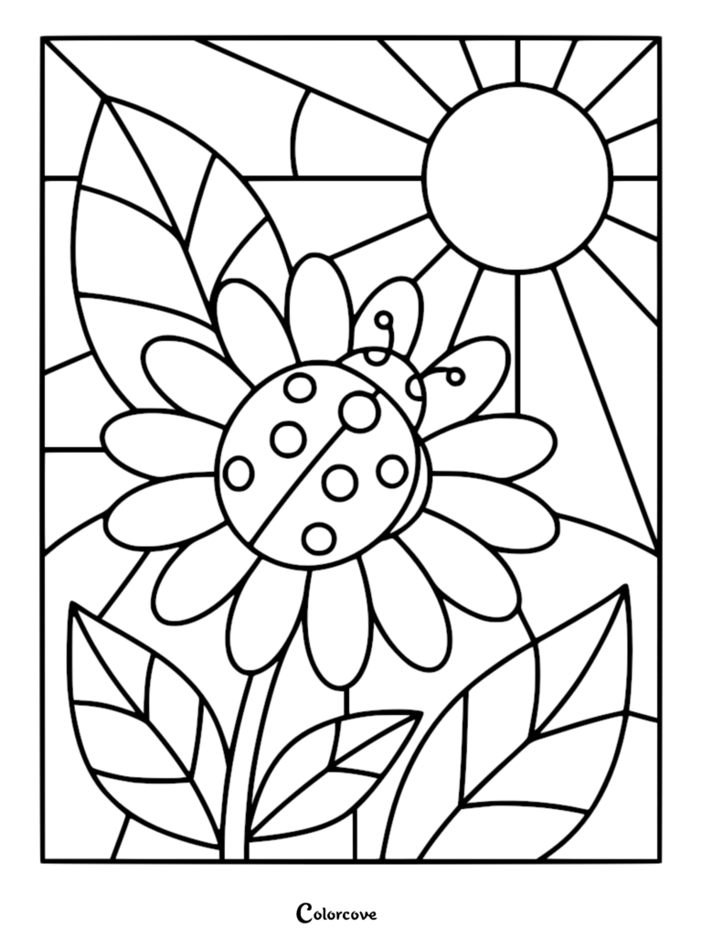 Stained glass style coloring page featuring a ladybug resting on a large flower with a sun in the background.