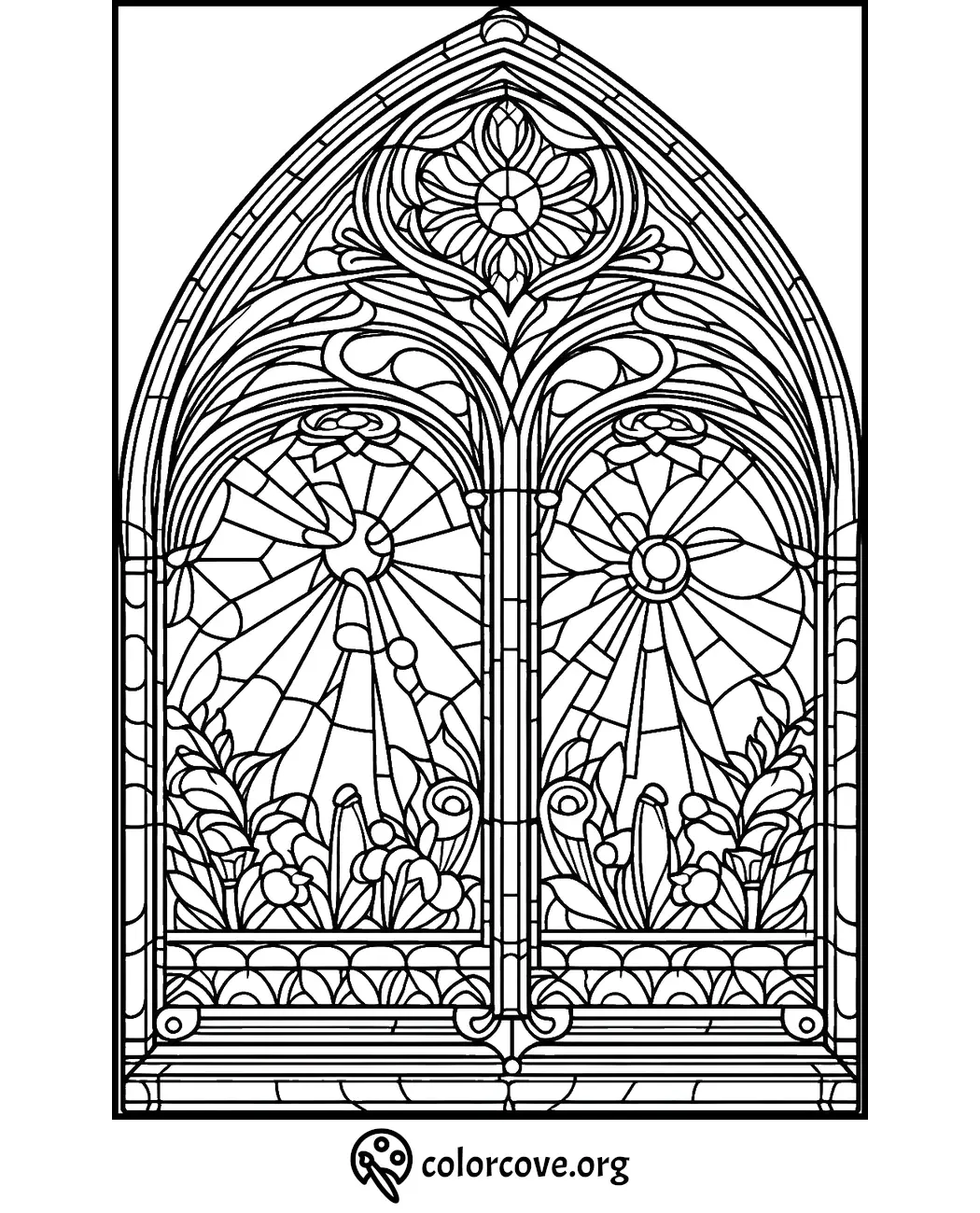 Intricate stained glass window coloring page with floral and sunshine patterns for adults and kids to color - colorcove.org