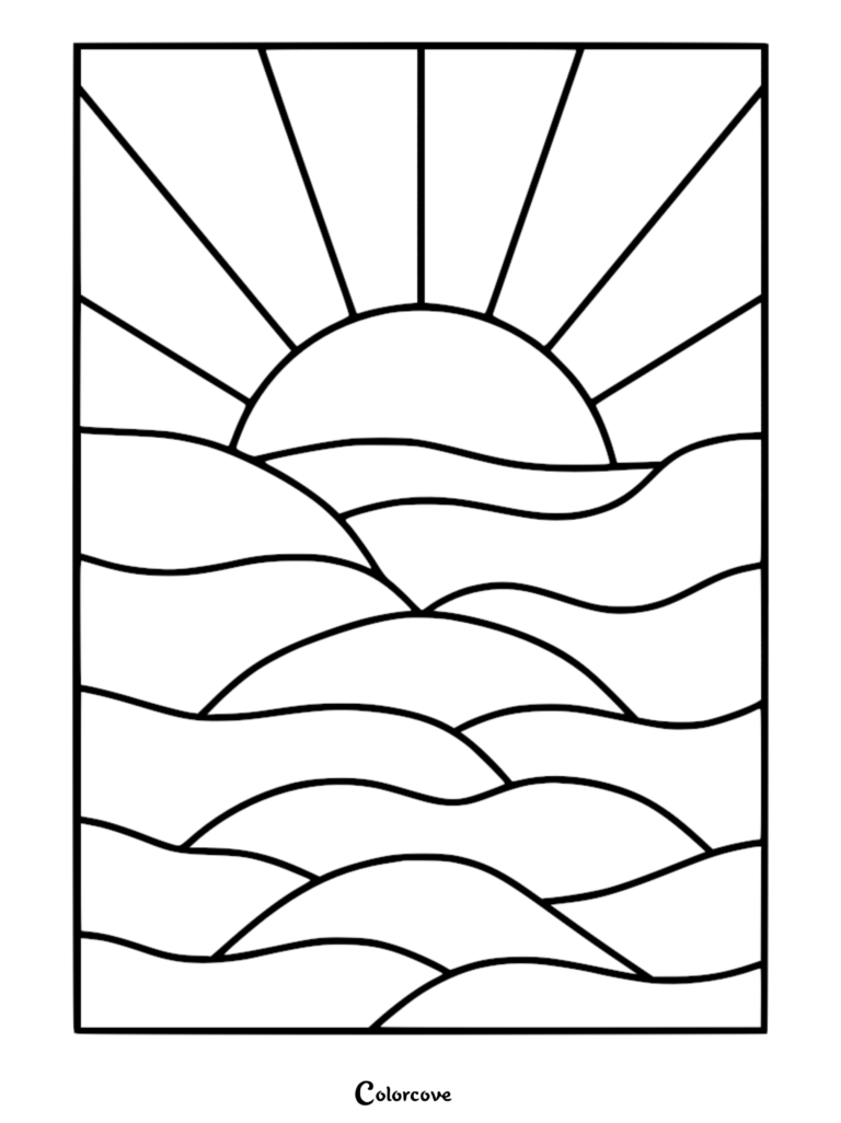 Stained glass style coloring page featuring a radiant sun rising above rolling ocean waves with bold geometric lines.