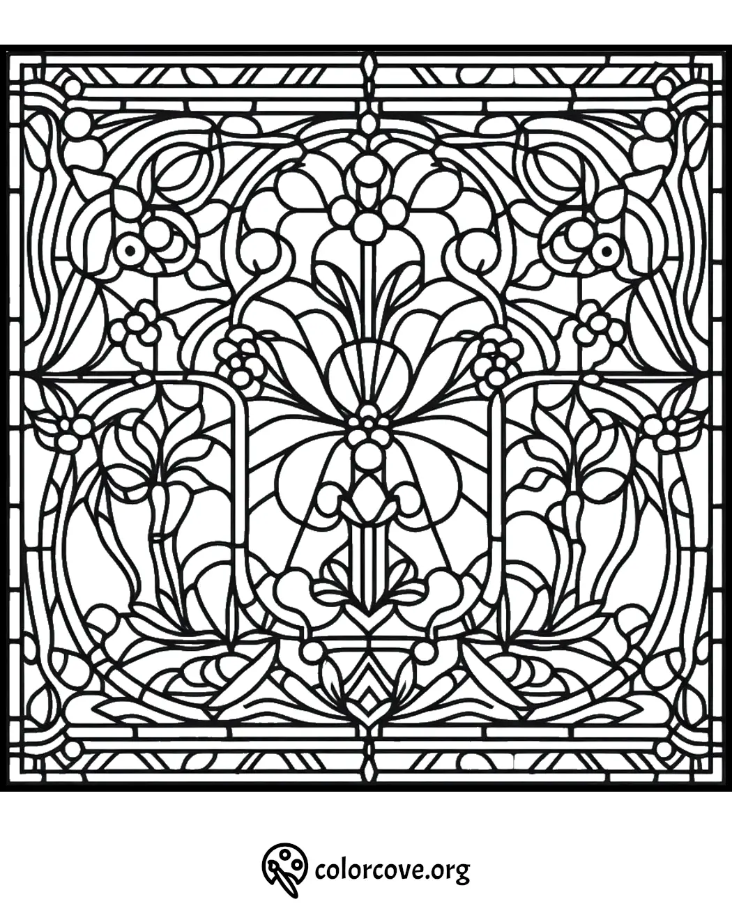 Intricate floral stained glass coloring page with symmetrical design, available for download at colorcove.org.